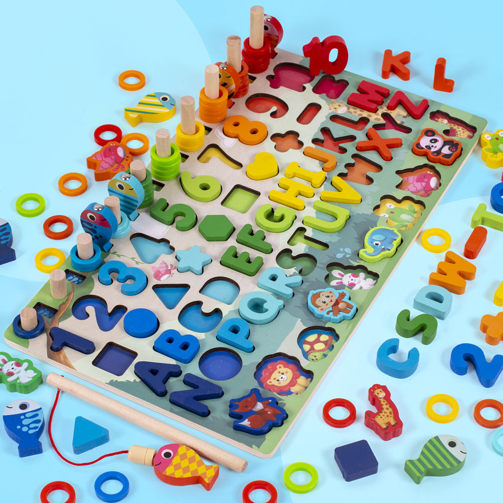 Buntes Lernpuzzle mit Buchstaben und Zahlen